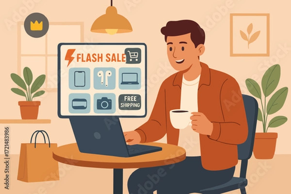 Fototapeta Flat illustration of a man shopping online with laptop, viewing flash sale offers and digital discount banners in ecommerce application.
