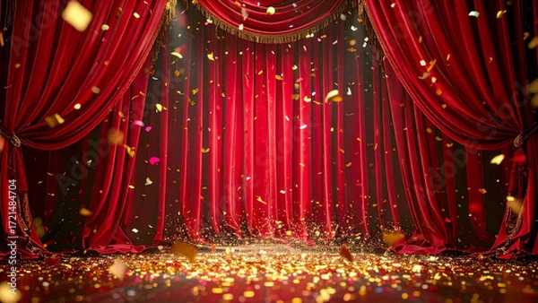 Fototapeta Gritty luxurious red presentation stage curtain with falling confetti under spotlight symbolizing celebration, victory, and transformation 
