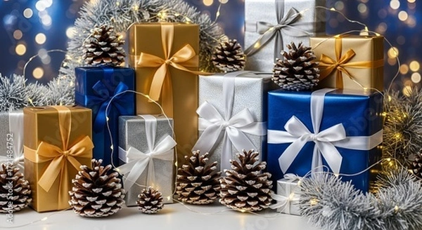 Obraz "Festive Christmas & New Year Background with Gifts and Pine Decorations"