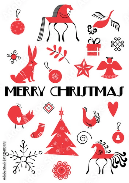 Fototapeta Christmas vector invitation card in folk art design. Christmas graphic elements collection in scandinavian style. Design illustration for cover, print, poster, wallpaper.