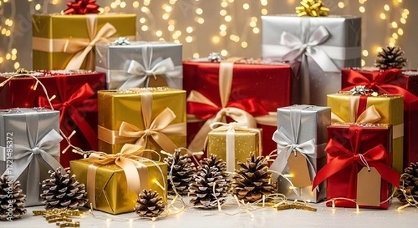 Obraz "Festive Christmas & New Year Background with Gifts and Pine Decorations"