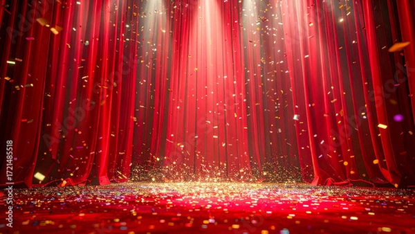Fototapeta Gritty luxurious red presentation stage curtain with falling confetti under spotlight symbolizing celebration, victory, and transformation 
