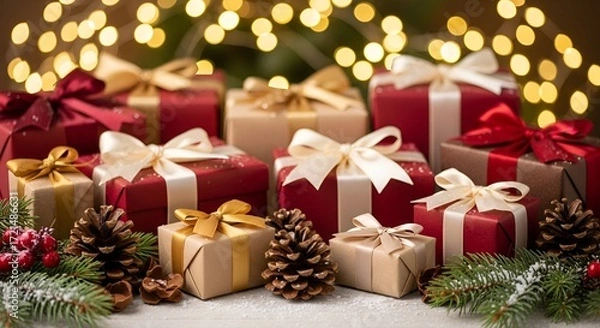 Obraz "Festive Christmas & New Year Background with Gifts and Pine Decorations"