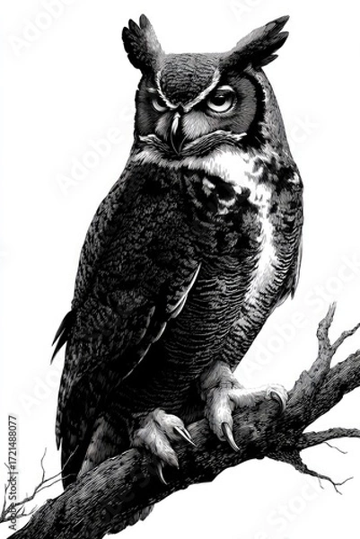 Fototapeta Detailed illustration of a great horned owl perched on a tree branch, showcasing intricate line work and a serious expression.
