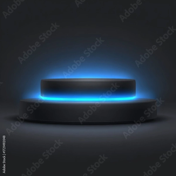 Fototapeta A dark gray, two-tiered circular platform glows with vibrant blue neon accents, creating a modern and futuristic presentation display.