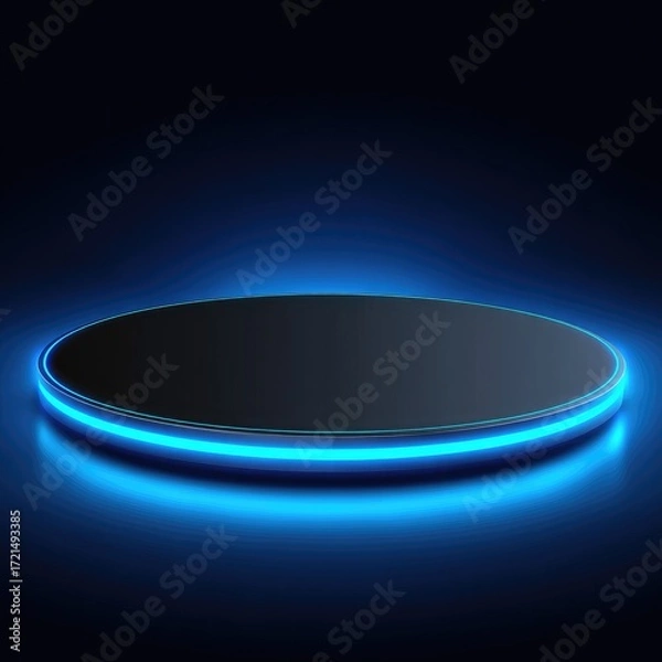Fototapeta A round, black display podium with a glowing, vibrant blue neon edge, set against a dark background, creating a modern and futuristic presentation space.