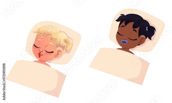 Fototapeta Flat design of children with taped mouths lying in bed to improve sleep and oxygenate the body. For brochures, internet, advertising
