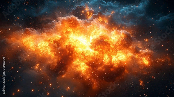 Fototapeta A fantasy or mythical fire cloud with glowing particles. Close-up shot of a bright orange and yellow fire.