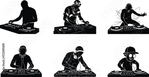 Fototapeta DJ mixing music, disc jockey performance, nightclub party entertainment, electronic dance beats, music festival DJ, turntable artist illustration, sound mixing show