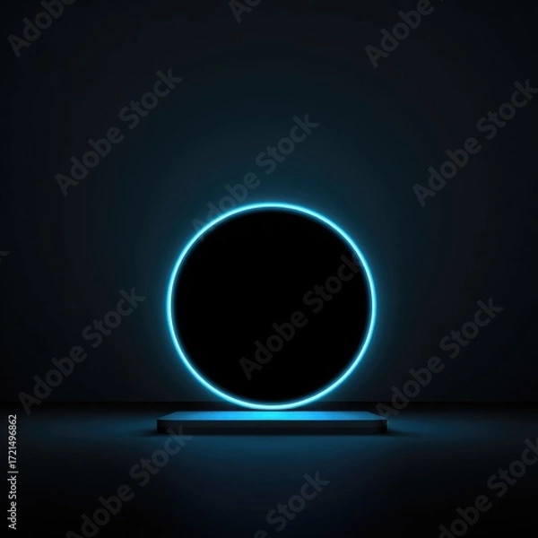 Fototapeta Empty circular neon blue glow frames a dark, modern pedestal display in a dark room.