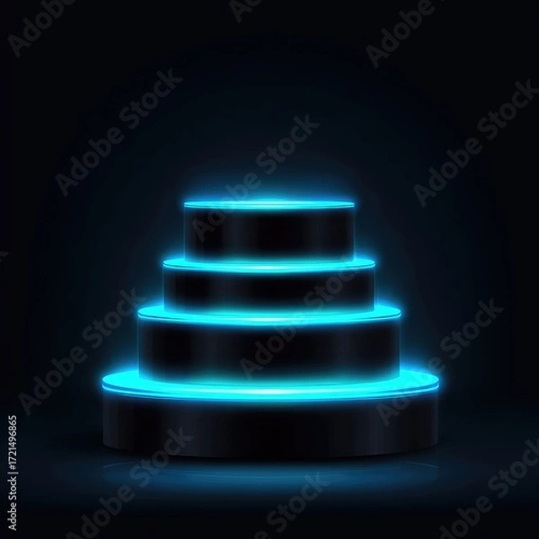 Fototapeta A tiered, circular platform, highlighted by vibrant blue neon, stands against a dark background.