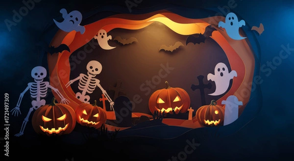 Fototapeta Beautiful paper cut style Halloween background with copy spacce, ideal for Halloween greetings.