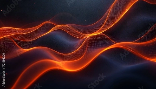 Fototapeta Abstract futuristic background with glowing, flowing orange energy waves and particles on a dark surface. Symbolizes data, sound, energy, and modern technology. A vibrant and dynamic composition