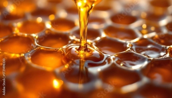 Fototapeta Extreme close-up macro shot of a natural honeycomb. Rich, golden, viscous honey is slowly dripping from the hexagonal wax cells. A symbol of nature, sweetness, and abundance