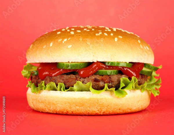 Obraz Delicious Fresh Burger with Lettuce and Ketchup on Red Background
