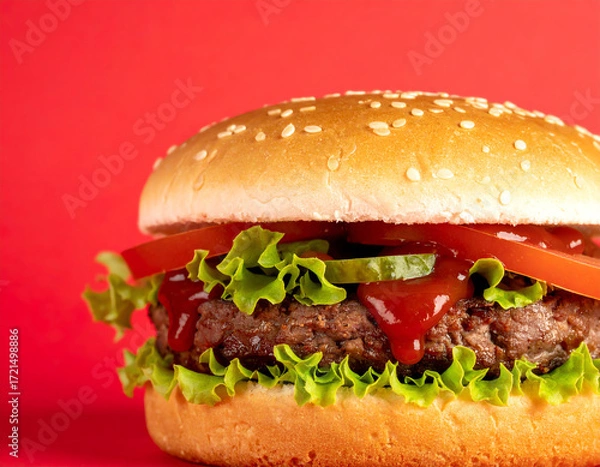 Obraz Delicious Juicy Hamburger with Fresh Toppings on Red Background