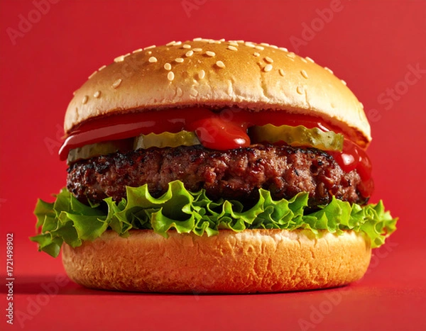 Obraz Delicious Beef Burger with Lettuce and Pickles