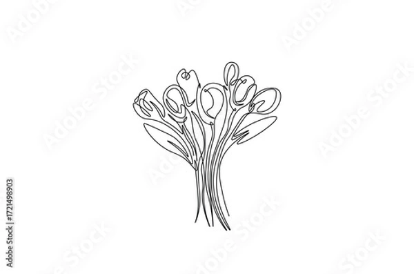 Fototapeta Flower bouquet in continuous one line drawing. Single line art illustration of tulips flower bouquet. Editable vector.