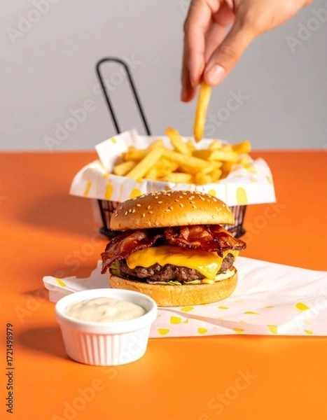 Obraz Classic Bacon Cheeseburger with Crispy French Fries and Creamy Dip