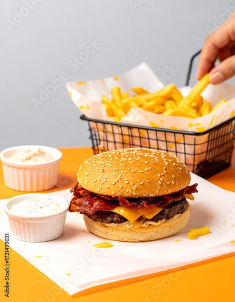 Obraz Delicious Bacon Cheeseburger with Crispy French Fries