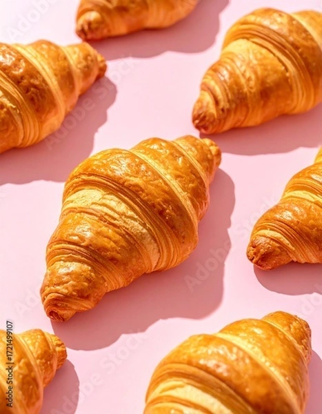 Obraz Golden Brown Croissants Arranged Artfully on a Pink Background