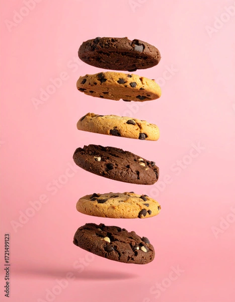 Obraz Six Delicious Cookies Floating Against Pink Background