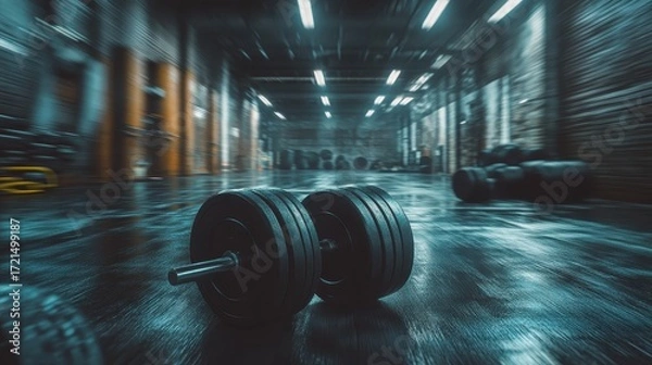 Fototapeta Heavy Dumbbells Resting in a Gritty Industrial Gym Environment