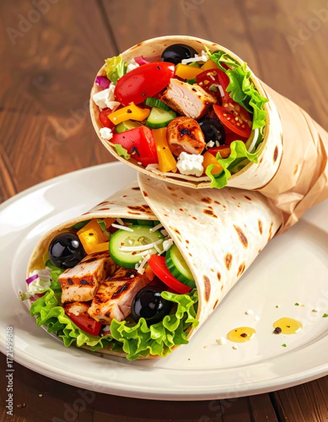 Obraz Delicious Grilled Chicken Wraps Packed With Fresh Ingredients