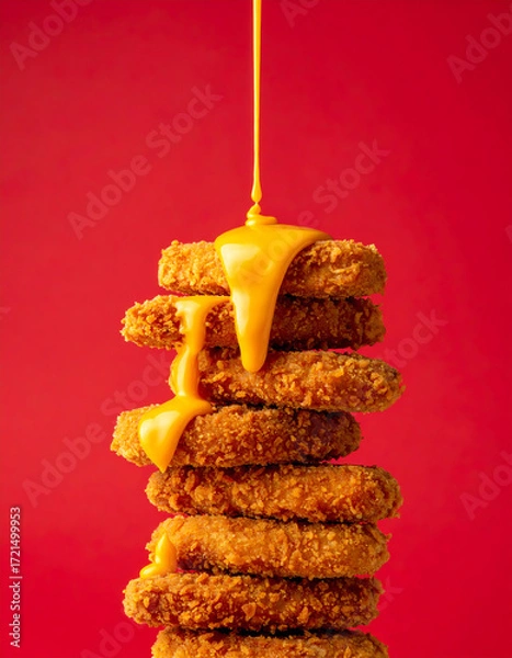 Obraz Golden Chicken Nuggets Drenched in Melty Cheese Sauce