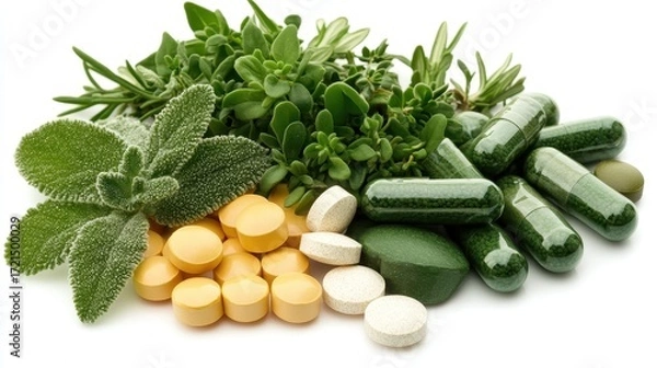 Fototapeta Herbal Supplements and Natural Remedies on White Background