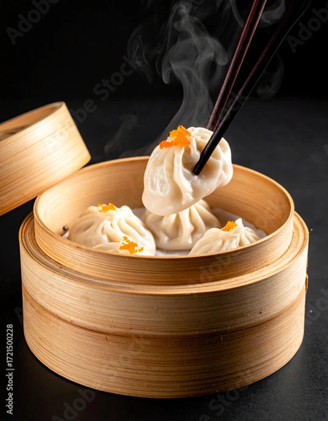 Obraz Steamed Soup Dumplings Being Lifted by Chopsticks in Bamboo Steamer