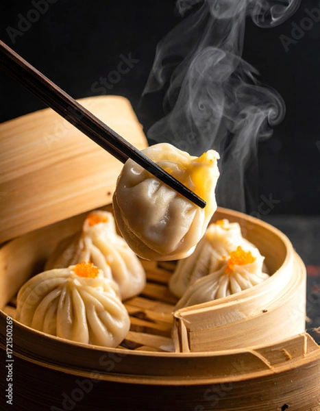 Obraz Steaming Hot Dumplings in Bamboo Steamer with Chopsticks