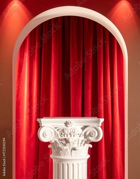 Obraz Classical Pedestal Display with Rich Red Curtains Background