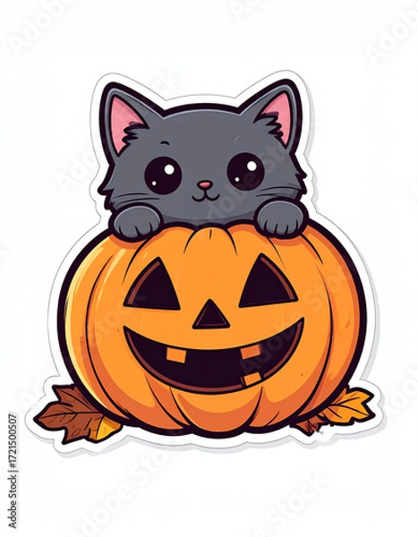 Obraz Cute Black Kitten Peeking Out From A Jack O Lantern