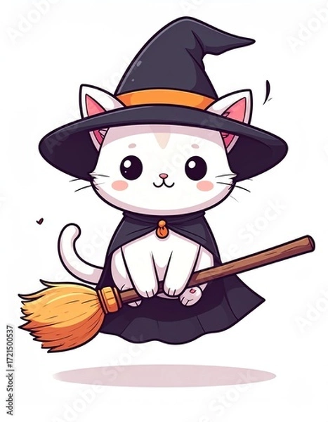 Obraz Cute Halloween Witch Cat Riding a Broomstick