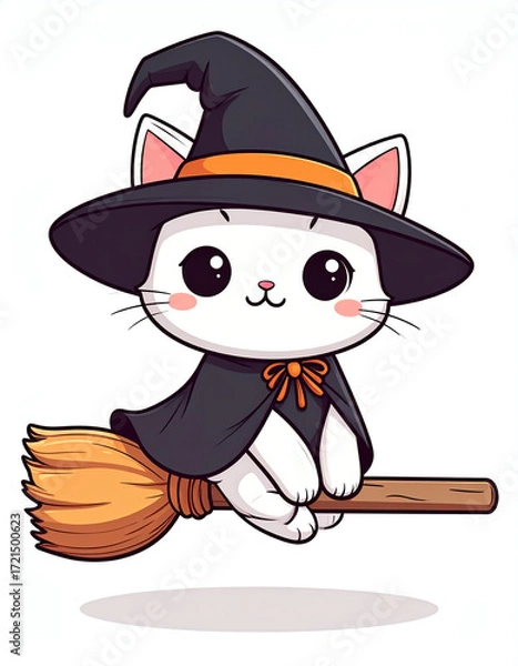 Obraz Adorable Witch Cat Flying on Broomstick