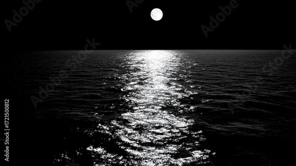 Fototapeta A bright full moon shines over the surface of the sea, its soft light dancing on the water, highlighting the tranquility of the moonlight and the ocean, creating a serene nighttime coastal scene.