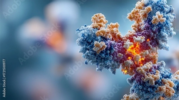 Obraz Complex Molecular Chain Rendered in Blue, Orange, and Purple with Glowing Yellow Regions Indicating Biochemical Activity, illustrating Protein Architecture and Functional Interaction Zones