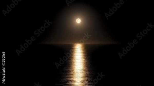 Fototapeta A bright full moon shines over the surface of the sea, its soft light dancing on the water, highlighting the tranquility of the moonlight and the ocean, creating a serene nighttime coastal scene.