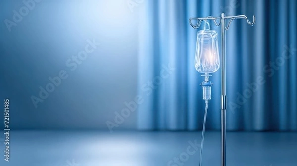 Fototapeta Hospital IV Stand with Clear Fluid in Bright Blue Environment