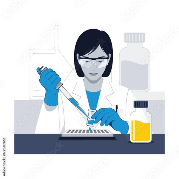 Fototapeta Serious Female Scientist in Lab Coat Performing Precise Experiment