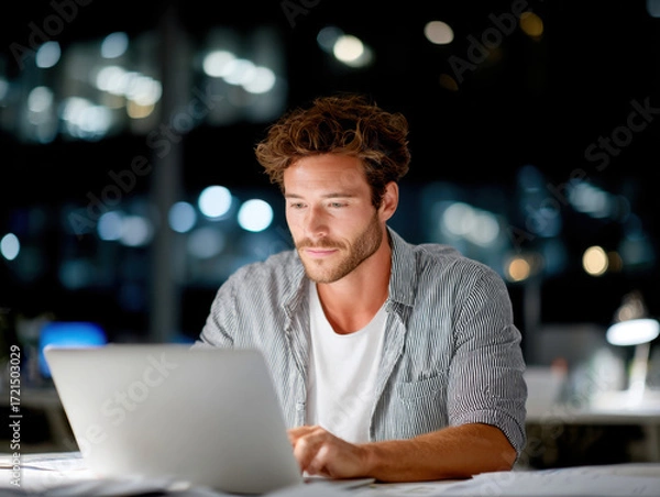 Obraz Focused businessman working late at night using laptop in office