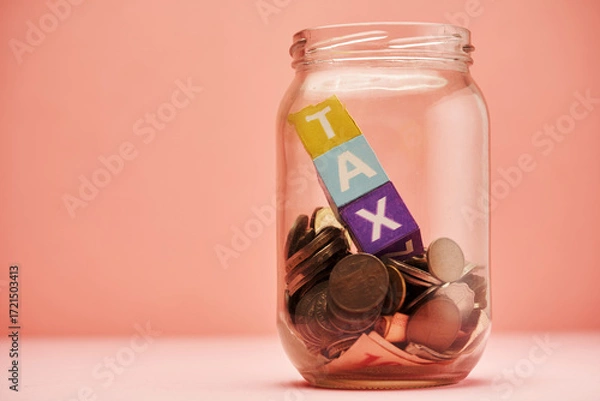 Fototapeta savings jar and toy block  with text tax against pink background.