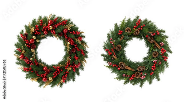 Fototapeta Two Christmas Wreaths with Pinecones, Berries, and Festive Accents