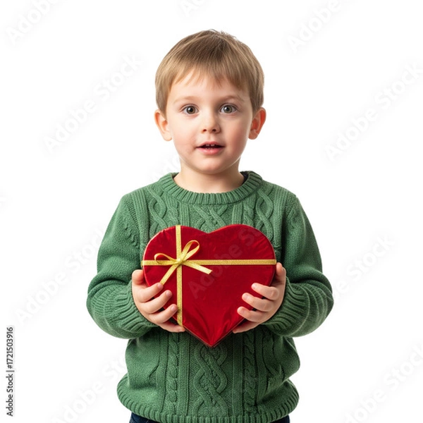 Fototapeta Child Holding Heart-Shaped Gift Box in Green Sweater
