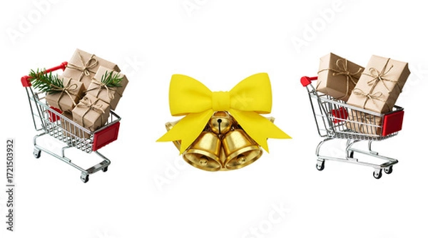 Fototapeta Mini Shopping Carts with Holiday Gifts and Golden Bells