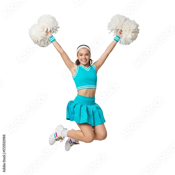 Fototapeta Energetic Cheerleader in Turquoise Outfit with Pom-Poms
