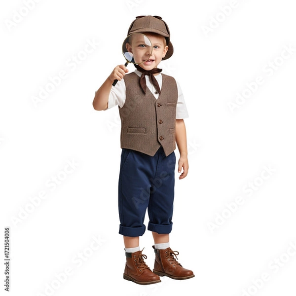 Fototapeta Child in Detective Costume Holding Magnifying Glass