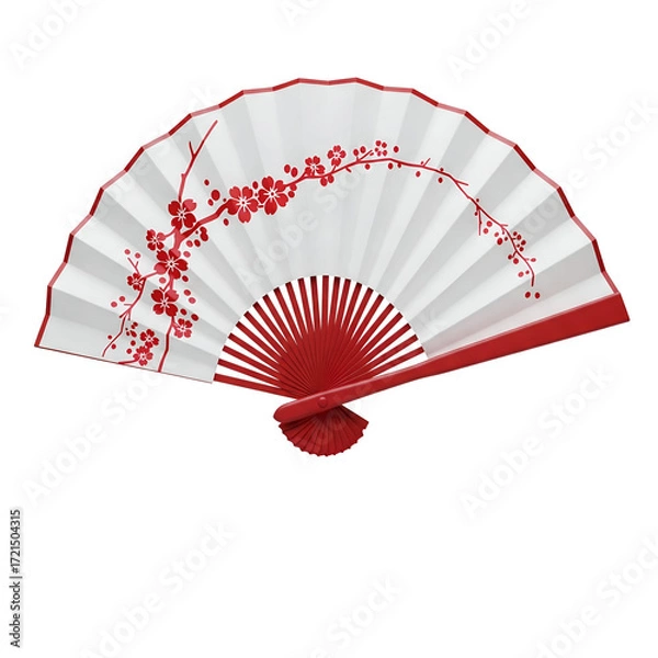 Fototapeta Traditional Hand Fan with Red Cherry Blossom Design