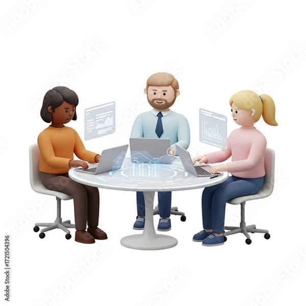 Fototapeta 3D Cartoon Team Collaborating Around Table with Laptops